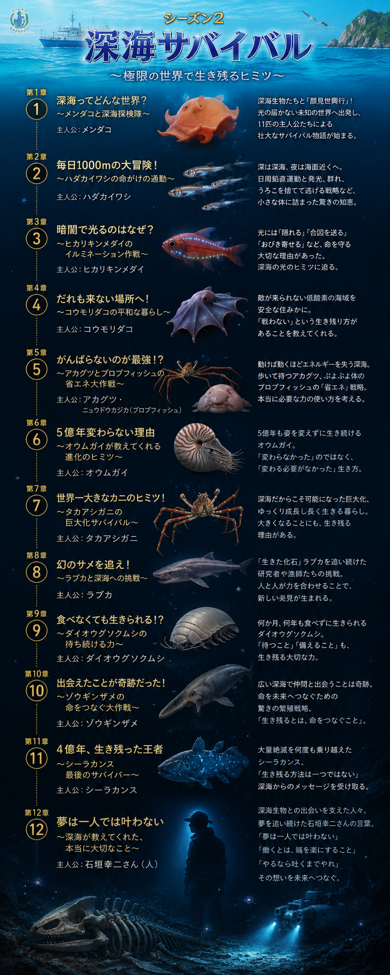 シーズン2 深海サバイバル 全12章の構想。第1章 メンダコ、第2章 ハダカイワシ、第3章 ヒカリキンメダイ、第4章 コウモリダコ、第5章 アカグツとブロブフィッシュ、第6章 オウムガイ、第7章 タカアシガニ、第8章 ラブカ、第9章 ダイオウグソクムシ、第10章 ゾウギンザメ、第11章 シーラカンス、第12章 石垣幸二さん（人）