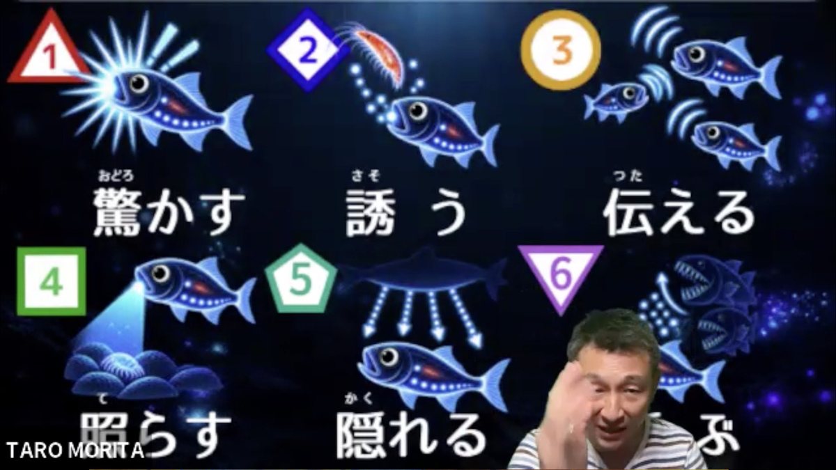授業スライド「驚かす・誘う・伝える・照らす・隠れる」深海生物が光る理由