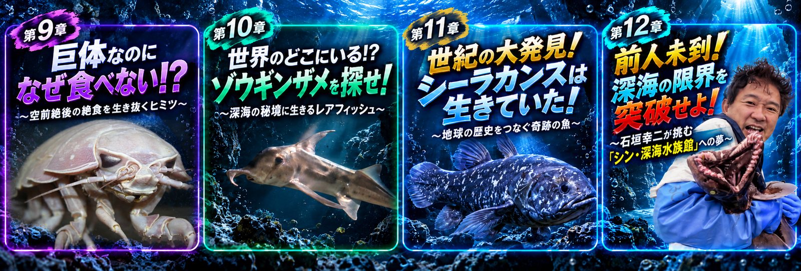 第9章 巨体なのになぜ食べない!?、第10章 世界のどこにいる!? ゾウギンザメを探せ！、第11章 世紀の大発見！シーラカンスは生きていた！、第12章 前人未到！深海の限界を突破せよ！